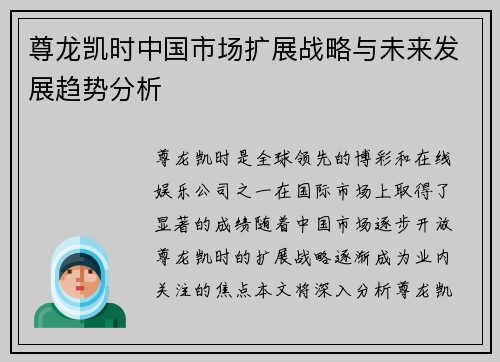 尊龙凯时中国市场扩展战略与未来发展趋势分析
